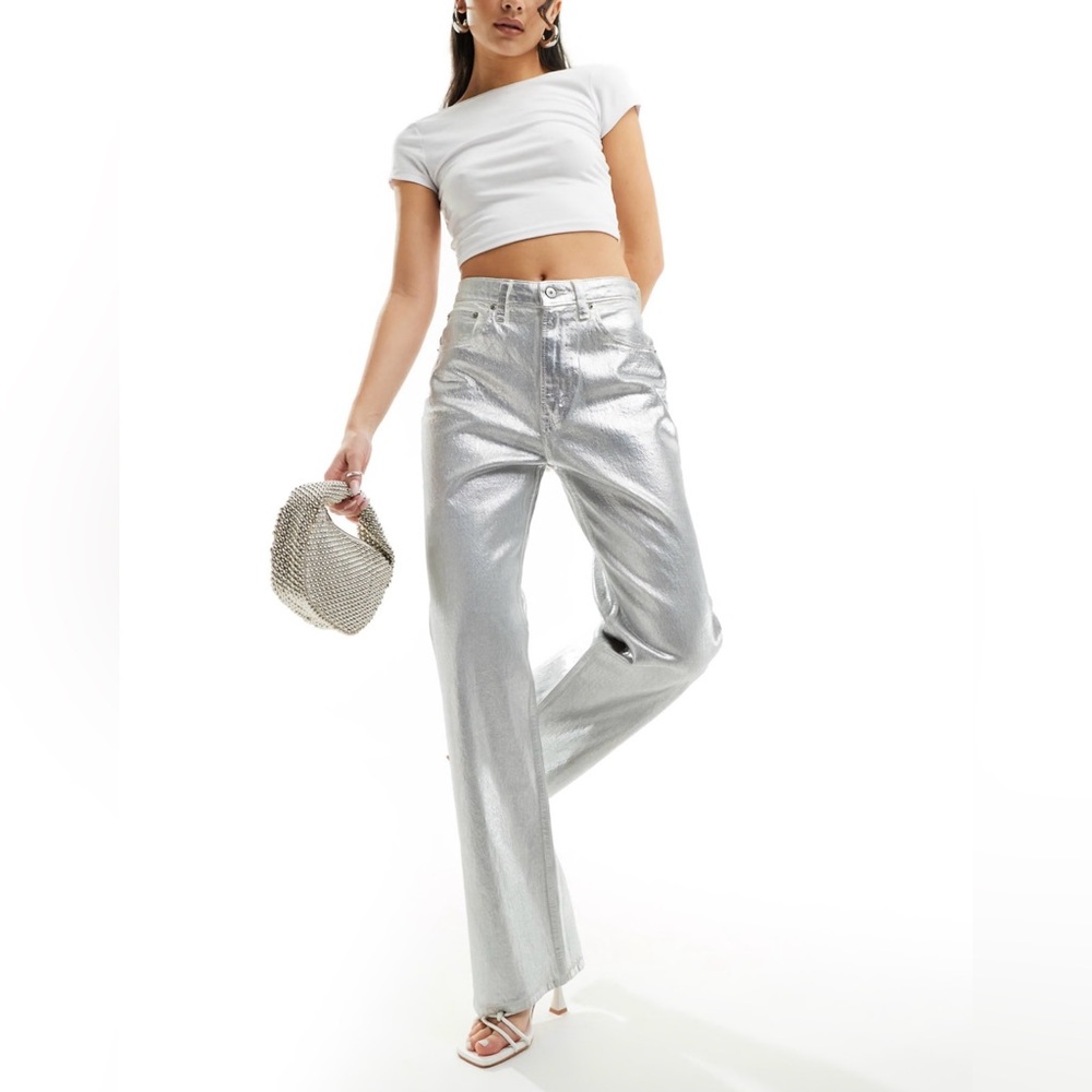 Abercrombie Silver Metallic Ultra High Rise Pants 90s Straight Love Curve